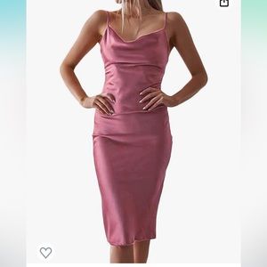 Rosy Satin Cowl Neck Midi Dress